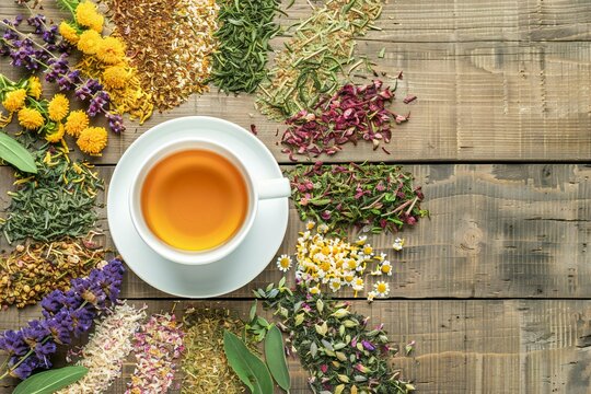 Top view of Soothing hot Tea in white cup surround with various pile of dry tea and herbal flowers on wooden background , created by ai