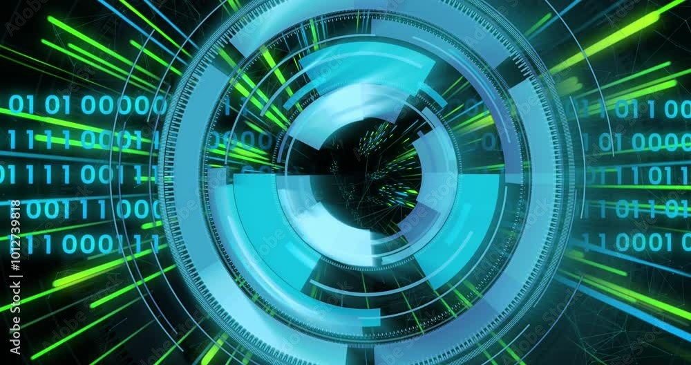 Poster animation of scope, binary coding, data processing over light trails of data transfer