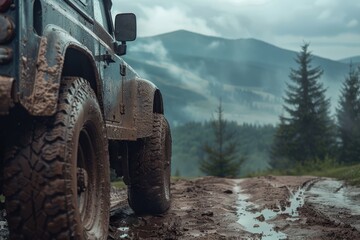 Muddy cars and wheels in the mountains with swamp on tires offroad trips in Ukraine with view of Carpathian Mountains