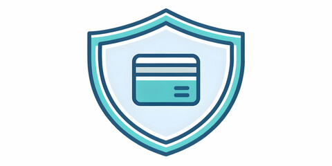 Vector icon of a shield with credit card signifying secure payment, ideal for infographics illustrating online security and financial protection.