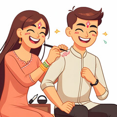 Fototapeta premium Flat Applying tika amidst laughter concept as A candid scene of the sister laughing as she applies tika to her brother. The moment feels spontaneous and full of joy. Camera movement close up capturing