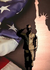Soldier saluting against us flag and statue of liberty silhouette on grey background with copy space