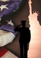 Soldier saluting against us flag and statue of liberty on grey background with copy space