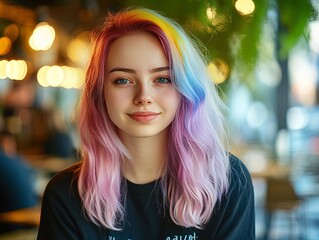 Vibrant Charisma: A Confident Woman with Multicolored Hair Captured in a Cozy Café - Ideal Poster for Stylish Interiors and Relaxed Spaces