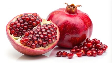Fresh and ripe pomegranate with seeds on white background