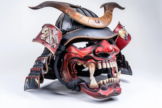 Multicolored devil samurai mask in Bushido art style made of leather metal and bone isolated in full shot