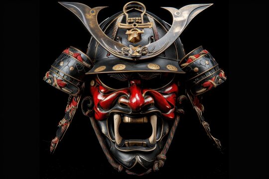 Multi colored devil samurai mask in Bushido Art style made of leather metal and bone isolated for full shot