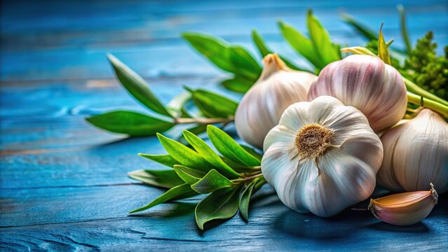 Fresh asymmetrical garlic cloves with green leaves on a blue background
