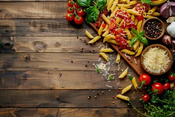 Penne Pasta with tomato, sprinkled and parmesan cheese herb on rustic dark wooden table top with ingredient spread around  on wooden  background,  created by ai
