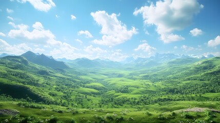 Obraz premium Lush green valley under a bright sky with scattered clouds.