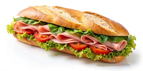 Fresh baguette sandwich with ham, tomato, lettuce on white background