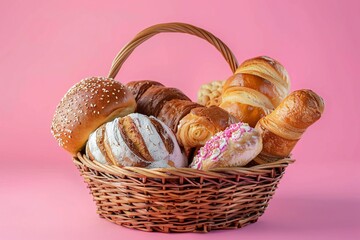 Set of freshly baked delicious buns and croissants in a wicker basket on a pink background, created by ai