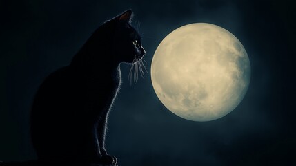 A black mystical cat is looking at the moon