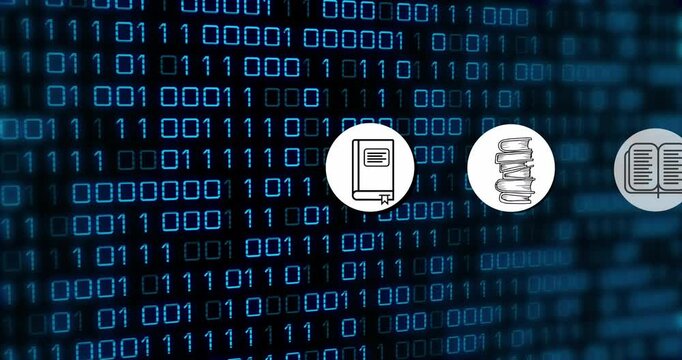 Animation of ai data processing and icons over binary coding