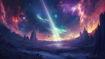 Stunning cosmic landscape with vibrant colors and distant celestial events at twilight on an alien planet