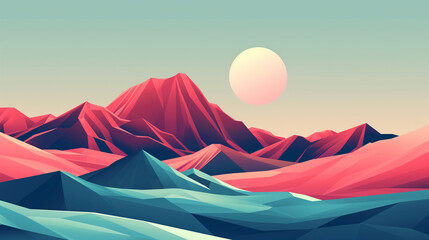 Vibrant geometric mountains and a large sun create a surreal landscape at dusk