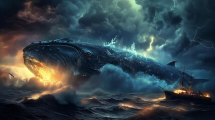 Fototapeta premium A giant mythical whale breaches the stormy sea at night, showcasing vibrant colors and powerful waves near an old ship