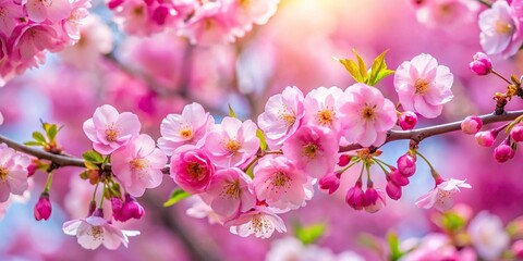 Fototapeta premium Fresh bright pink cherry blossom flowers on a tree branch in spring Macro
