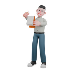 Male Home Office Writer 3D. A male writer is standing while carrying a clipboard and pencil. Professional Illustration