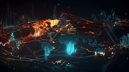 Fototapeta premium World stock market trends visualized with graph lines linking major cities