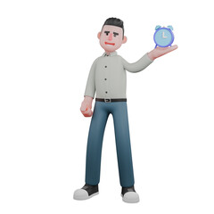 3D Male Writer Character. A male writer is standing with his hand raised carrying an alarm clock. Literary Professional