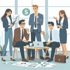Obraz premium Flat Vector Illustration of Candid Business Meeting Discussing Cash Flow Strategies in a Modern Office Setting for Corporate Branding and Marketing
