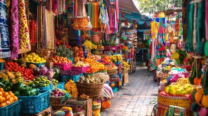 Fototapeta premium Vibrant market filled with colorful fruits and textiles