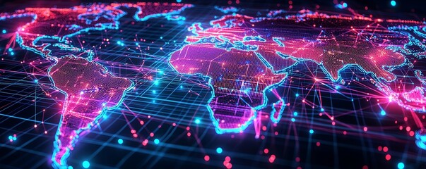 Global Network Connections Abstract 3D World Map with Neon Lights, Digital Network, Internet, Technology , Connectivity
