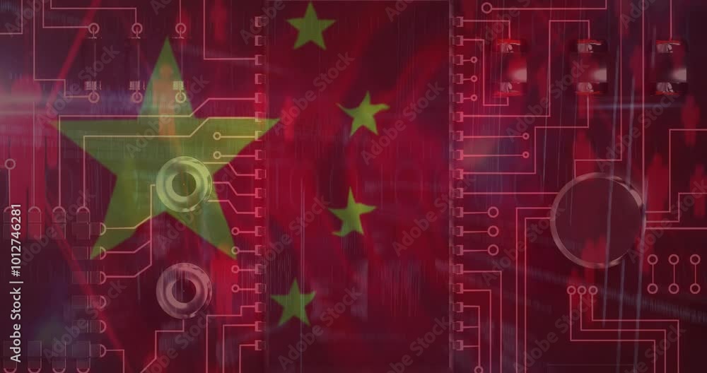Poster animation of computer circuit board with data processing and flag of china