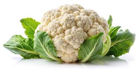 Fresh cauliflower with green leaves isolated on white background for healthy cooking recipes and vegetarian diet concepts