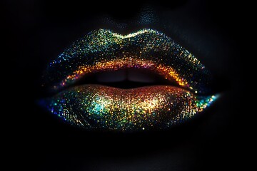 Closeup macro black colorful lips, open mouth, white teeth