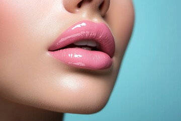 Naklejka premium Closeup macro portrait of female part of face. Woman lips with pink beauty makeup.