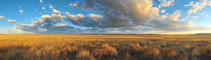 Fototapeta premium Panoramic View of Golden Grassland Under a Cloudy Sky, landscape , nature