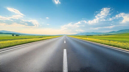 Fototapeta premium highway in the grassland background of blue sky and bright clouds, long road stretches into the distance. empty street on a beautiful sunny day