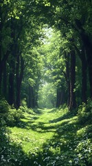 Fototapeta premium Lush green forest path with sunlight filtering through trees.