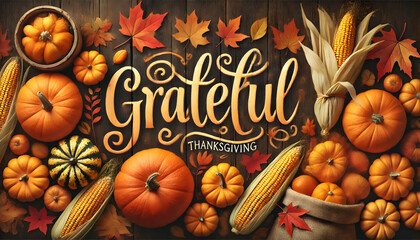 Grateful Thanksgiving with Pumpkins and Corn on Rustic Background
