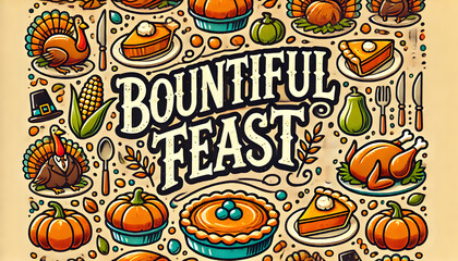 Obraz premium Bountiful Feast Thanksgiving Illustration with Food and Turkeys 