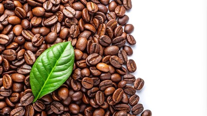 Obraz premium Fresh coffee beans and leaf on white background
