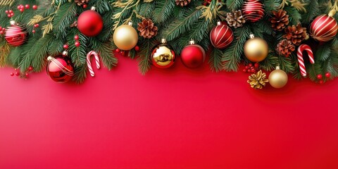 Festive Christmas Decoration Border on Red Background. Perfect for greeting cards, banners, or festive designs.