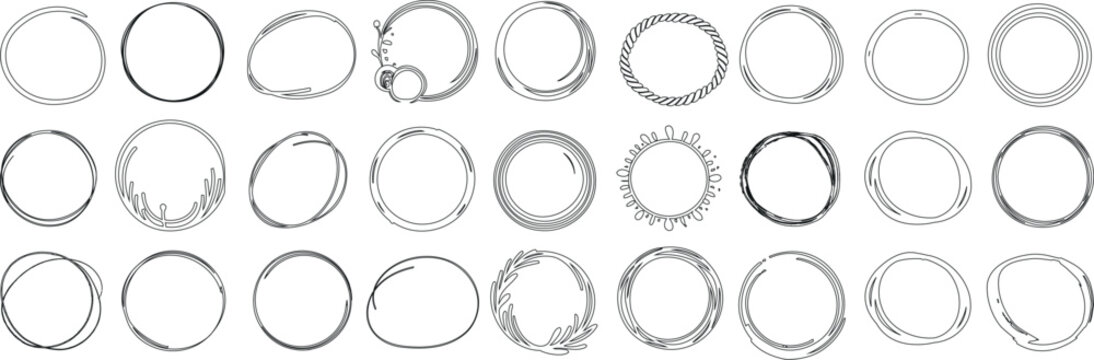 Hand drawn irregular circle sketch set, various styles, doodle frames, abstract round borders, simple artistic line art
