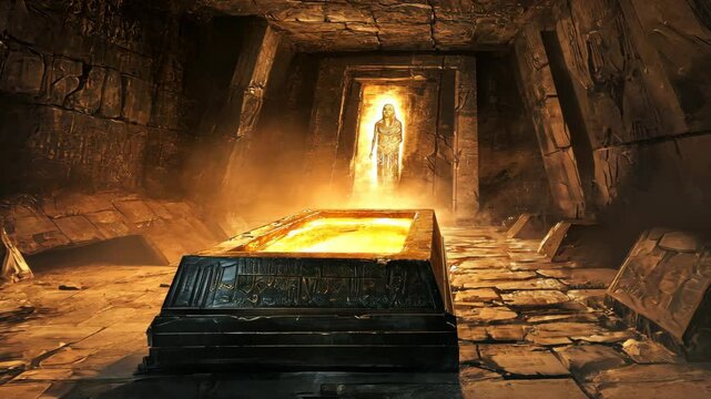 A golden figure stands in a doorway of an ancient tomb, light illuminating the stone sarcophagus in the center of the room