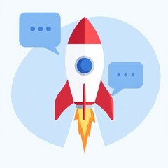 A rocket is flying through the sky with two people talking to each other