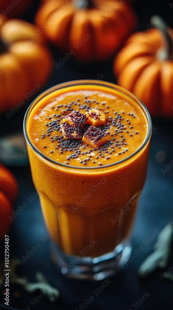 Wall mural Pumpkin smoothie is an autumn drink for a cozy breakfast