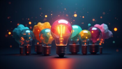 A group of colorful light bulbs with one of them lit up