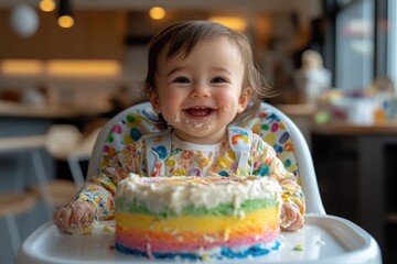 Baby girl covered in frosting eating birthday cake smash cake