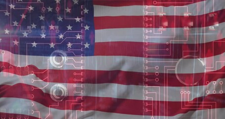 Animation of computer circuit board with data processing and flag of usa - Powered by Adobe