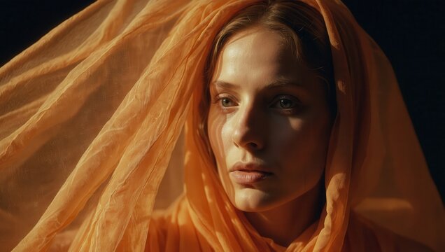 Woman in orange veil with neutral expression, looking off-camera with soft light