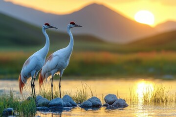 Obraz premium Two whooping cranes standing on rocks at sunset