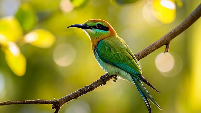 A blue-tailed bee-eater perches on a branch in a lush green forest, enjoying the warm sunlight