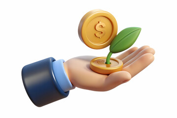 Flat Macro of Hands Holding Sprouting Coin concept as A close up shot of hands holding a coin from which a small plant is sprouting. The camera focuses on the plant symbolizing growth and compromise b